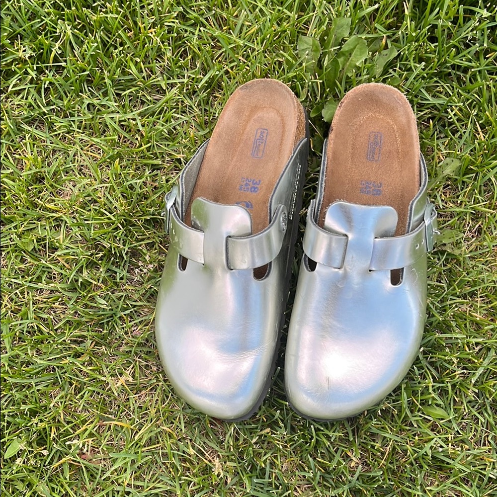 Birkenstock Silver Metallic Mules with Cork Footbed